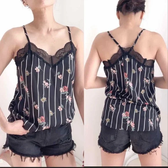 BLACK SCALLOP LACE CAMI - PINSTRIPE FLOARAL - Picture 2 of 7